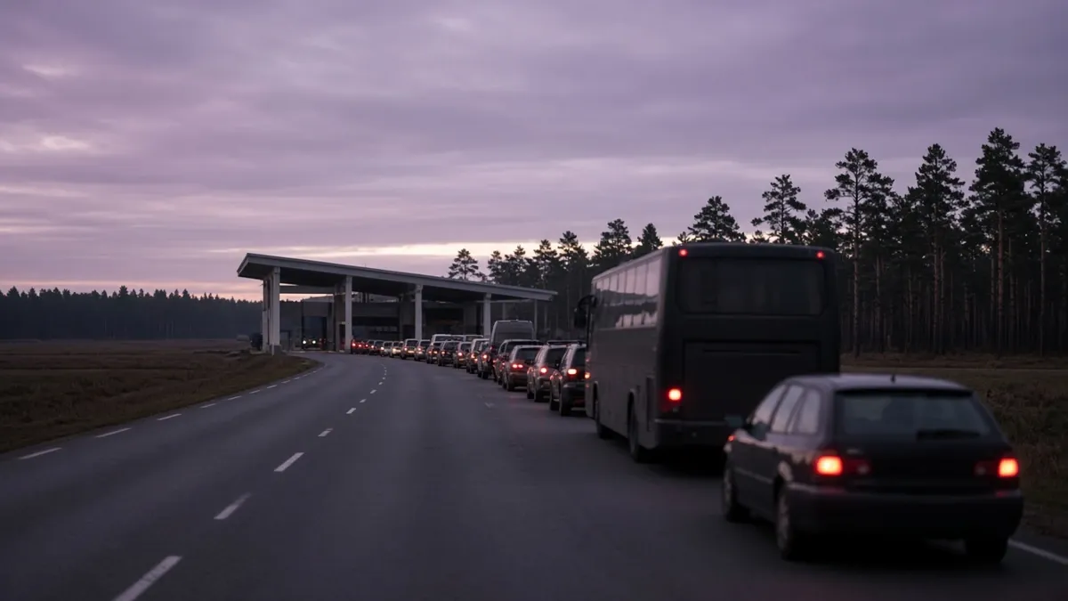 Ілюстрація (згенеровано ШІ): черга автомобілів і автобусів перед прикордонним пунктом у сутінках