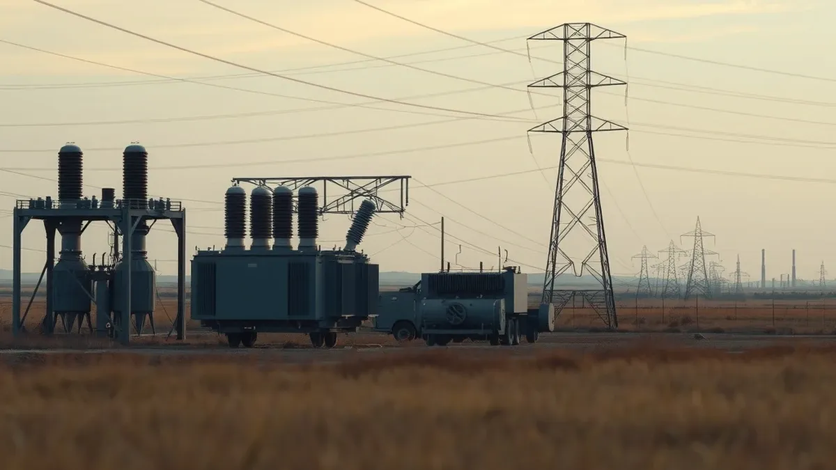 Ілюстрація (згенеровано ШІ): високовольтна підстанція з трансформаторами та лініями електропередачі в степу на заході сонця
