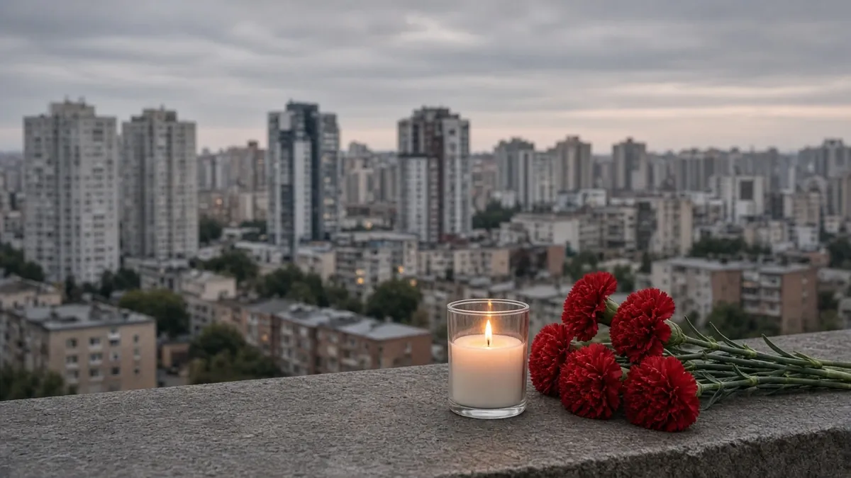 Ілюстрація (згенеровано ШІ): запалена свічка й червоні гвоздики на кам’яному виступі на тлі багатоповерхівок